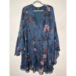 City Chic Floral Faux Wrap Dress Teal Ruffle Bell Sleeve Flowy Boho Fall XL / 22